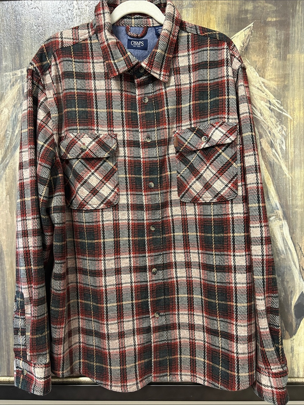 Chaps Men's Red and Green Plaid Button-Down Shirt